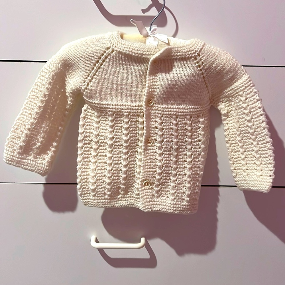 Handmade crochet baby 3-6month white button up jacket